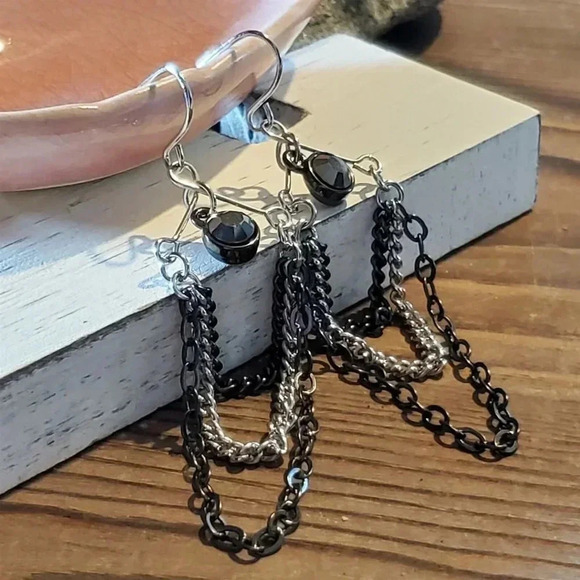 Silver Gunmetal Grey Handcrafted Triple Chain Crystal Dangle Earrings - Picture 7 of 8